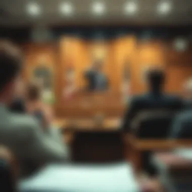 Illustration of a courtroom setting during a securities fraud case