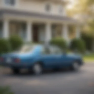 Blue sedan parked in a driveway