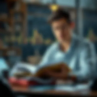 An individual studying trading strategies with books and notes