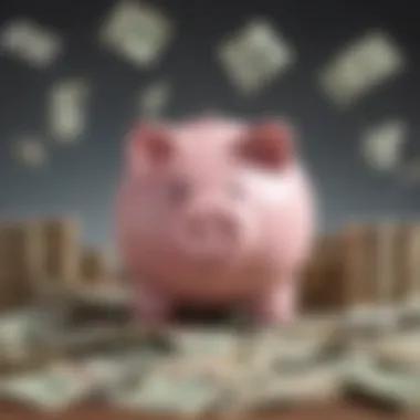 A piggy bank surrounded by various forms of currency representing saving habits.