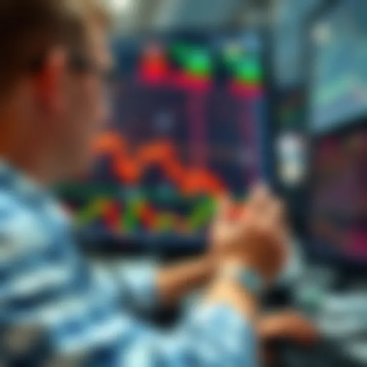 A trader analyzing market trends with red candles on a screen